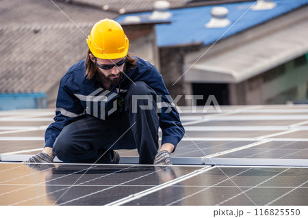 Professional Engineer Service Solar Panel. Worker Maintenance Cleaning Replacing Solar Panel. Solar photovoltaic panel system in Industry roof. Saving Energy with Clean Power. Professional Engineer Service Solar Panel. Worker Maintenance Cleaning Replacing Solar Panel. Solar photovoltaic panel system in Industry roof. Saving Energy with Clean Power. 116825550