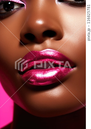 Portrait of beautiful black woman. Girl with stylish makeup. Metallic pink lips. 116825781