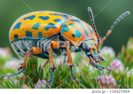 Colorful Bug Resting on Green Leaf Surrounded by Pink Flowers in Natures Beauty 116825904