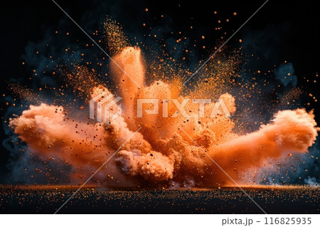 Vibrant explosion of vivid orange powder against dramatic black background in stunning 4K resolution 116825935