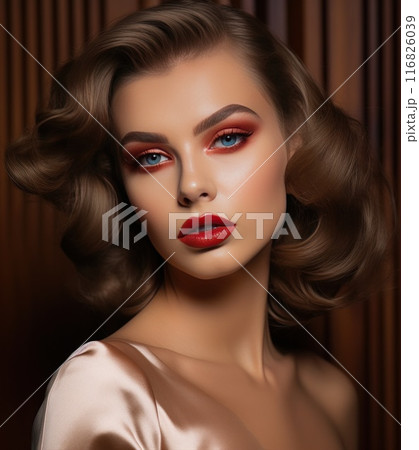 Beautiful young model with red lips. Perfect skin makeup. Young woman fashion portrait. Natural beauty concept. 116826039