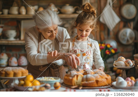 Grandmother and granddaughter bonding while baking a delicious cake in the cozy kitchen 116826040