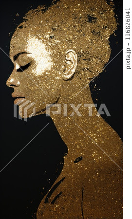 Beautiful woman profile with golden glitter makeup. Stunning young girl with gold metallic paint on her face. Fashion and beauty concept. Model with glamorous make-up 116826041