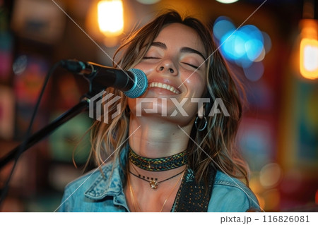 Portrait of a beautiful young woman singing into a microphone on stage with a warm smile Portrait of a beautiful young woman singing into a microphone on stage with a warm smile 116826081
