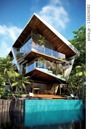 A modern house concept with a swimming pool surrounded by palm trees, under blue sky in a residential area. The building material of the facade reflects luxury real estate 116826082