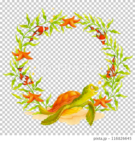 A round wreath with isolated sea turtle, clown fish, starfish and seaweeds. Underwater life frame or border. Watercolor composition for beach accessories design, prints, travel banner decoration, card A round wreath with isolated sea turtle, clown fish, starfish and seaweeds. Underwater life frame or border. Watercolor composition for beach accessories design, prints, travel banner decoration, card 116826645