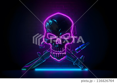 Purple punk cyber human skull with weapon. Neural network AI generated art 116826764