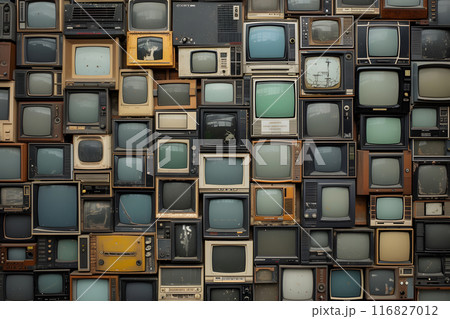Many old analog tv sets stacked along the wall. 116827012