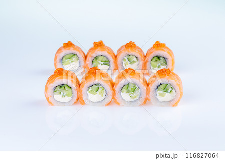 Philadelphia sushi roll with red caviar and salmon, roll for a food delivery site on a white background 116827064