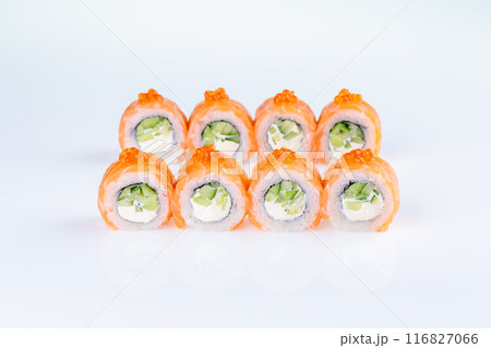 Philadelphia sushi roll with red caviar and salmon, roll for a food delivery site on a white background Philadelphia sushi roll with red caviar and salmon, roll for a food delivery site on a white background 116827066