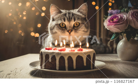 バースデーケーキとかわいい猫。ペットの誕生日パーティー。 バースデーケーキとかわいい猫。ペットの誕生日パーティー。 116827167