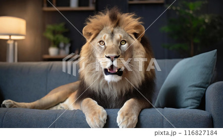 リビングルームでソファーに座り、目と口を開けて驚くライオン。 リビングルームでソファーに座り、目と口を開けて驚くライオン。 116827184