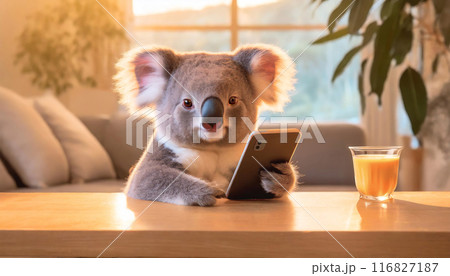リビングルームでスマートフォンを使うかわいいコアラ。 リビングルームでスマートフォンを使うかわいいコアラ。 116827187