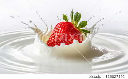 ミルクの中に落ちるイチゴ。一面の牛乳とミルククラウン。 ミルクの中に落ちるイチゴ。一面の牛乳とミルククラウン。 116827191