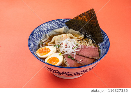 Portion of japanese ramen with pastrami and egg Portion of japanese ramen with pastrami and egg 116827386