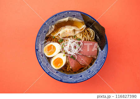 Portion of japanese ramen with pastrami and egg Portion of japanese ramen with pastrami and egg 116827390
