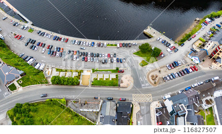Aerial view of the parking lot in Donegal Town, Ireland Aerial view of the parking lot in Donegal Town, Ireland 116827507