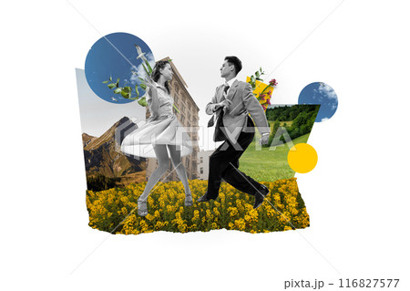 Elegant man and woman in retro attire dancing against field, meadow and building background. Contemporary art collage. 116827577