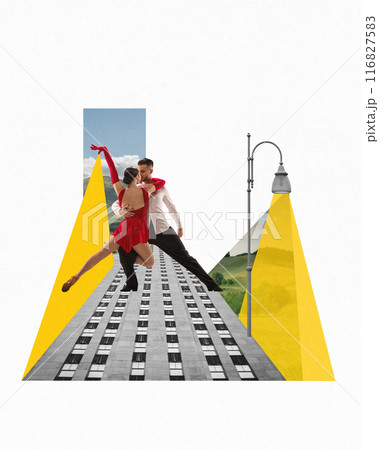 Passionate dancer, man and woman in stage costumes performing tango dance with urbane elements, street lights and city buildings. Contemporary art collage. 116827583