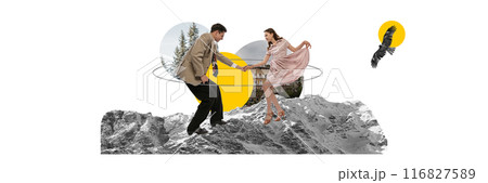 Man and woman in retro clothes dancing against mountain background with trees and building elements. Dynamic dance and majestic landscapes. Contemporary art collage. Man and woman in retro clothes dancing against mountain background with trees and building elements. Dynamic dance and majestic landscapes. Contemporary art collage. 116827589