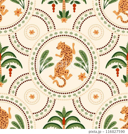 Summer ceramic tile pattern with tropical palm tree, leopard, checkered round elements. Vector cute jungle print Summer ceramic tile pattern with tropical palm tree, leopard, checkered round elements. Vector cute jungle print 116827590