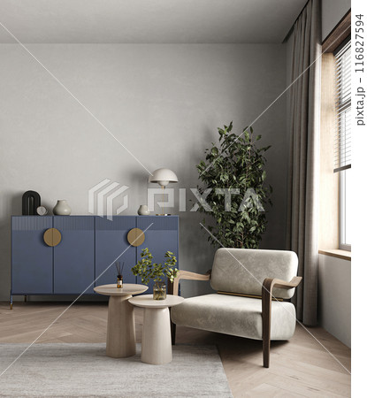 A chic living room corner with a comfortable armchair, trendy blue sideboard with gold touches, and warm natural light, 3d rendering A chic living room corner with a comfortable armchair, trendy blue sideboard with gold touches, and warm natural light, 3d rendering 116827594
