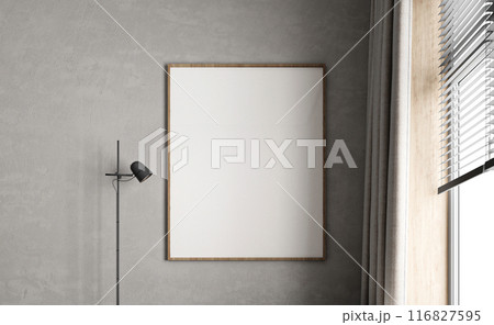 Minimalist interior design with empty picture frame beside a contemporary floor lamp, minimalist design, 3d rendering 116827595