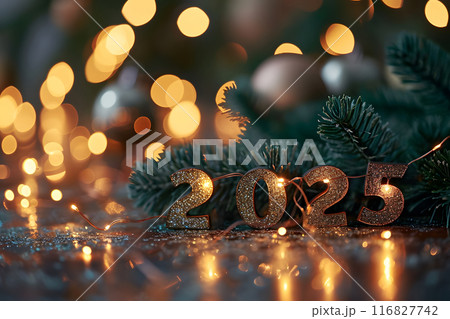 digits 2025 surrounded with Christmas decorations for new year celebration 116827742