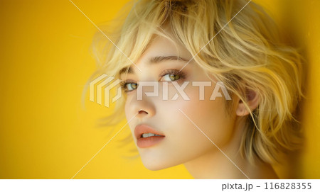 黄色い背景の金髪の女性 116828355