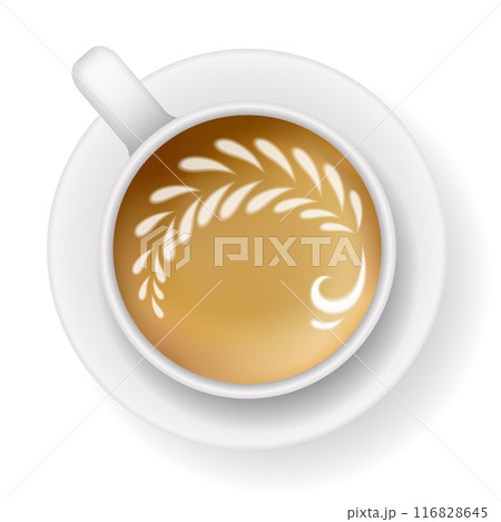 Coffee mug top view. Cappuccino espresso latte milk brown coffee vector realistic template Coffee mug top view. Cappuccino espresso latte milk brown coffee vector realistic template 116828645