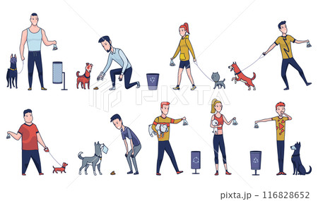 Cleaning after dog. Set of pet owners picking up pets waste during walk in public park. Animal responsibility of trash clean rules concept. Linear vector illustration 116828652
