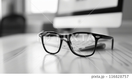 Eyeglasses resting on a white desk next to a computer monitor in a modern office. 116828757