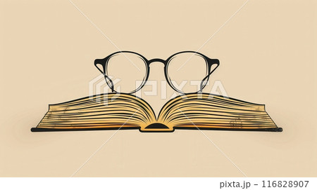 A minimalist illustration of an open book with eyeglasses resting on top. 116828907