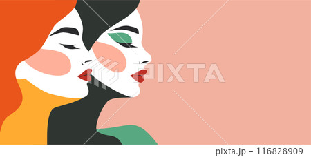 Vector illustration, flat banner of a woman in profile in pastel colors for International Women's Day. Vector concept of movement for gender equality and women's empowerment. 116828909