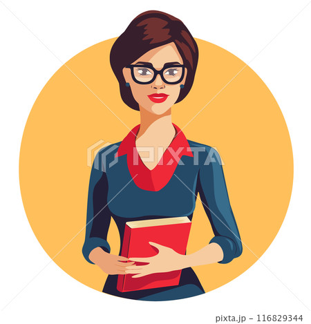 Vector avatar, icon. A woman teacher in glasses with a book in her hands. Vector graphics of women's occupations and professions. Feminism, gender equality, empowerment concept Vector avatar, icon. A woman teacher in glasses with a book in her hands. Vector graphics of women's occupations and professions. Feminism, gender equality, empowerment concept 116829344