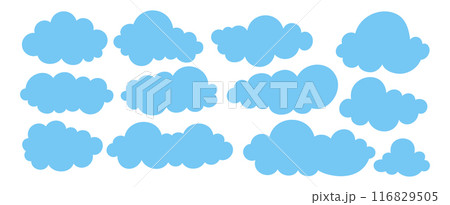 Vector set blue flat clouds, sky, vector clouds, clouds collection on white background. Vector set blue flat clouds, sky, vector clouds, clouds collection on white background. 116829505