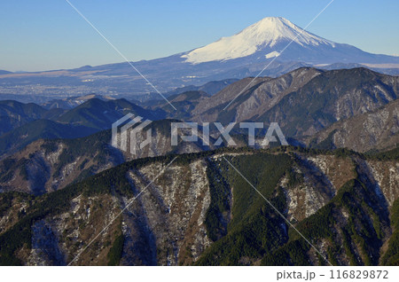 丹沢の三ノ塔山頂より　雪化粧した富士山と丹沢山地 116829872