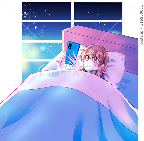ベッドの中でスマホを見る女性　窓 116830051