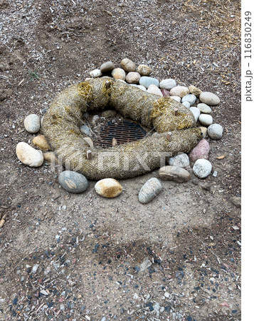 This image depicts an outdoor drainage system protected by erosion control measures. The drain is surrounded by a circular barrier made of natural fiber rolls and large river rocks. The setup ensures 116830249