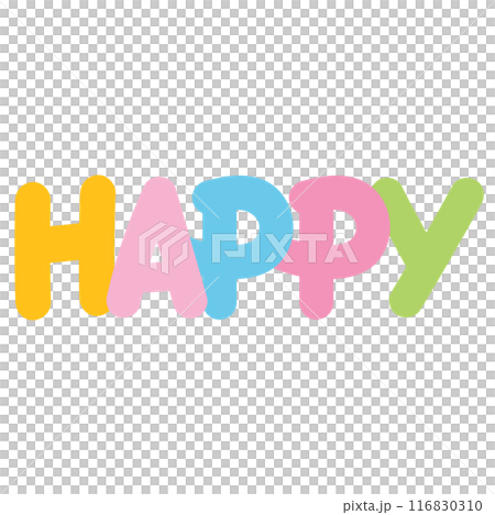Pastel illustration of HAPPY letters for cute patches, brooch, shirt print, logo, icon, stickers, decoration, cartoon, girly stuff, font, typography, branding, label, emoji, emotion, expression, mood 116830310