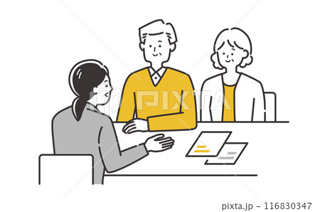 テーブルで相談する、説明を受ける年配夫婦・カップル（60代70代80代）のイラスト素材 116830347