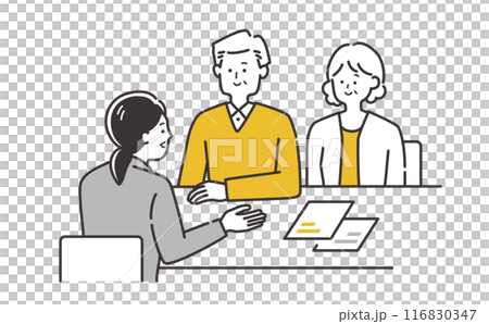 テーブルで相談する、説明を受ける年配夫婦・カップル（60代70代80代）のイラスト素材 116830347