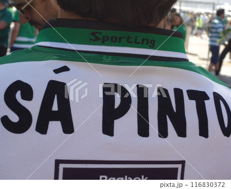 Back turned supporter of the Sporting Clube de Portugal football club wearing a Ricardo Sa Pinto's shirt Back turned supporter of the Sporting Clube de Portugal football club wearing a Ricardo Sa Pinto's shirt 116830372