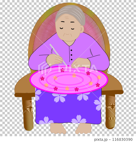 Elderly woman handicraft, sits on a wooden chair. 116830390