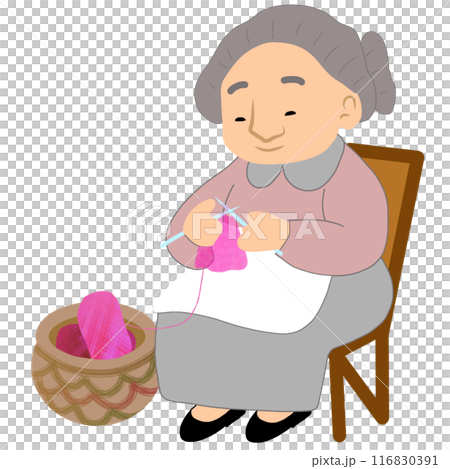 Old woman sits on a wooden chair, crocheting fabric. 116830391