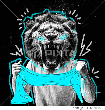 Person with roaring lion head holding blue scarf, embodying dynamic spirit of dedicated sports fan. Contemporary art collage. 116830489