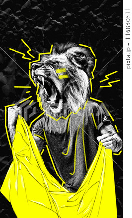 Person with lion roaring head holding yellow flag and emotionally supporting favorite team. Energy and excitement. Contemporary art collage. Person with lion roaring head holding yellow flag and emotionally supporting favorite team. Energy and excitement. Contemporary art collage. 116830511