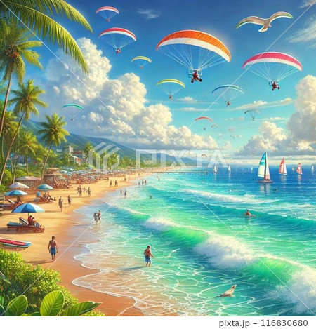 ヨットとパラグライダーとビーチ ヨットとパラグライダーとビーチ 116830680