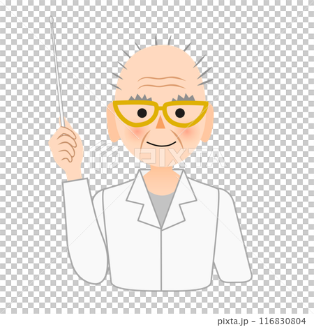 A smiling old man wearing a white coat giving an explanation 116830804