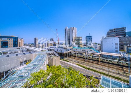 日本の藤沢都市景観 7月。東海道本線　辻堂駅や電車（オレンジと緑ラインの湘南色）などを望む＝22日 116830934